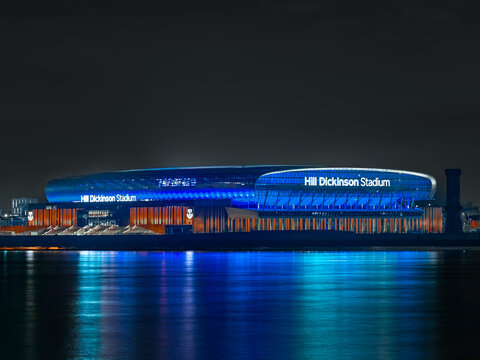 Liverpool, United Kingdom, 30th October 2025 - The Hill Dickinson Stadium, the new home of Everton FC lighting up the Liverpool night sky