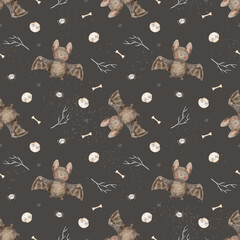 Halloween pattern bat skull spider bones stars. Hand drawn watercolor illustration in childish style. Seamless print on dark background for textiles, fabrics, clothing, wallpaper packaging paper