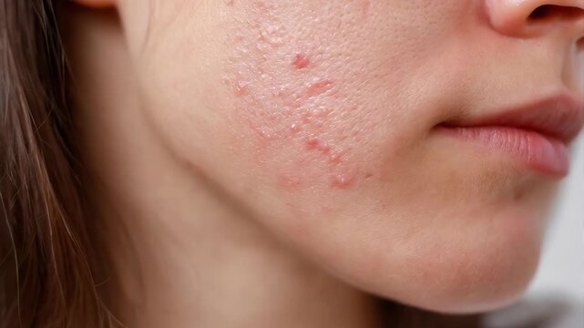 A close-up view of a person's cheek showing inflamed, red, and bumpy skin, indicative of an allergic reaction, acne, or skin irritation.