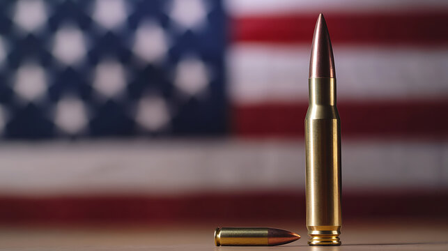 American bullets are displayed in front of the American flag, symbolizing power. Golden, formidable ammunition ready for action and protection. Symbol of strength.