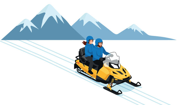 Adventurous couple riding a snowmobile on a scenic winter landscape with majestic mountains