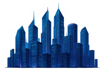 Futuristic city skyline with towering blue skyscrapers and modern architecture at night, transparent background