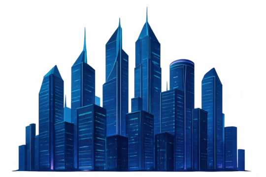 Futuristic city skyline with towering blue skyscrapers and modern architecture at night, transparent background