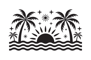 Tropical sunset over wavy ocean with palm trees and stars