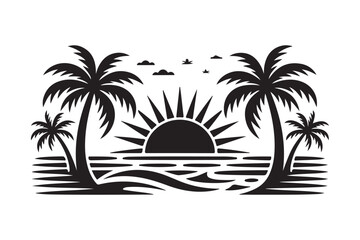 Tropical sunset silhouette with palm trees and ocean waves