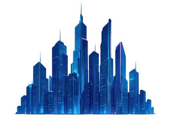 Obraz premium Futuristic city skyline with tall buildings and skyscrapers illuminating the night with vibrant electric blue and purple neon lights