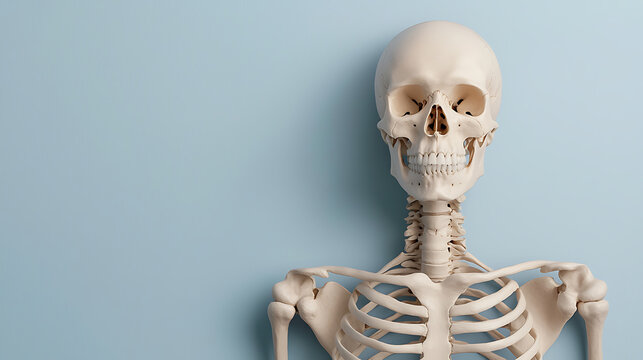 A captivating human skeleton, skull to ribcage, stands out against a serene light blue backdrop, symbolizing mortality, anatomy and health. It also represents anatomy.