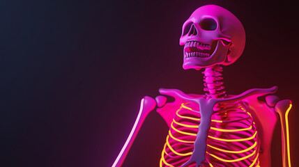 Anatomy in neon: A skeleton basks in pink and yellow hues against a dark background, highlighting the rib cage, skull, and bone structure with vibrant energy.
