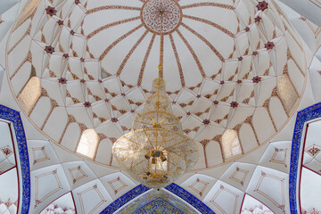 Ornate Mosque Interior Dome with Crystal Chandelier and Islamic Calligraphy - Bukhara - Uzbekistan 