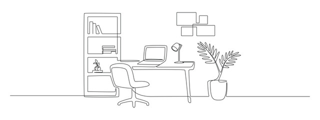 Fototapeta premium One continuous line drawing of home office interior. Modern work desk and chair with laptop and closet in simple linear style. Remote distant work concept in editable stroke. Vector illustration