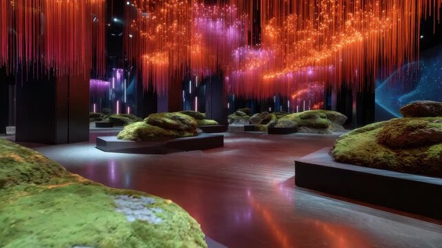 Abstract installation view with hanging lights and moss covered displays in an exhibit hall. Abstract installation setup with interior space details