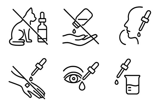 Aromatherapy Safety Icons. Line style icons of aromatherapy safety: no pets near oil, avoid direct contact, not for ingestion,