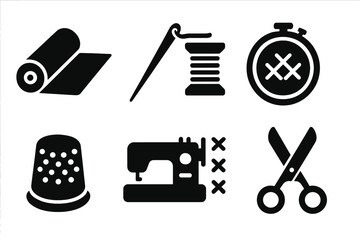Textile Craft Icons. Solid style icons of Textile Craft: fabric roll, needle, thread spool, embroidery hoop, thimble, sewing