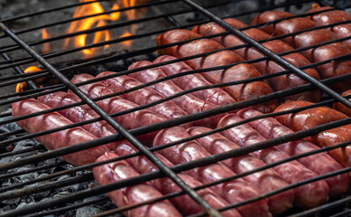 Grilled Spanish sausages (chorizo and longaniza) cooking over hot embers on a barbecue grill, traditional Mediterranean cuisine and outdoor food in Spain.