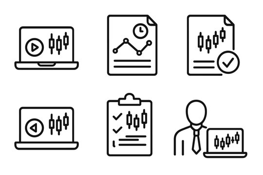 Forex Trading Line Icons. Line style icons of forex trading: forex simulator icon, historical chart data, backtest result chart,