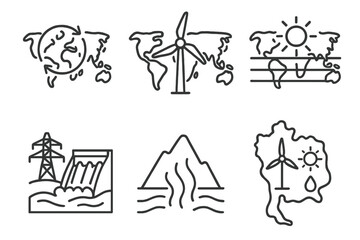 Obraz premium Global Renewable Energy Icons. Line style icons of renewable energy: international renewable map, global wind zone, solar belt,