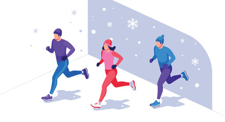 Obraz premium Winter jogging scene with people running in snowy weather, isometric fitness activity