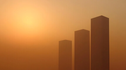 Fototapeta premium Three rectangular pillars are silhouetted against a warm, orange-toned sky at dawn or dusk. The atmosphere is thick with haze, creating a soft, dreamy feel. The sky is vibrant.