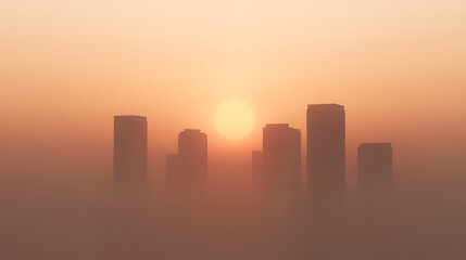 Silhouette of tall city buildings basking in the orange glow of the sunrise. Fog envelops the lower parts of the structures. An evocative urban sunrise scene with warmth and mystery.