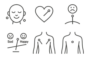 Acupuncture Therapy Icons. Line style icons of acupuncture: emotional balance therapy, heart with acupoint, mood needle icon,