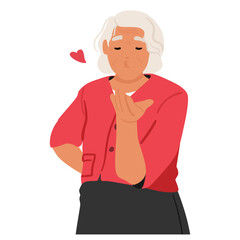 Elderly woman cartoon character blowing air kiss showing romantic gesture conveying warmth portrait