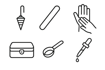 Homeopathy Tool Icons. Line style icons of homeopathic treatment tools: diagnostic pendulum, tongue depressor, hand pulse reader,