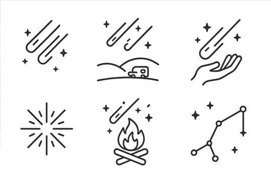 Meteor Shower Icons. Line style icons of Meteor Shower: Falling Light, Night Horizon, Wishful Hand, Spark Trail, Radiant Burst,