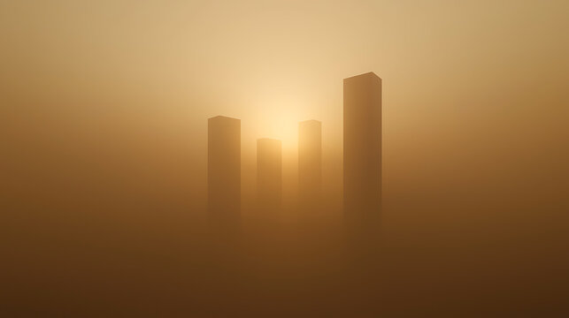 Sunrise Silhouette: Four towering forms emerge from the golden mist, bathed in the warm light of the rising sun, their peaks just visible above the hazy horizon.