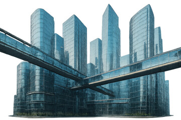 Futuristic city architecture featuring modern glass skyscrapers with pedestrian skywalks, creating an advanced urban landscape on a transparent background