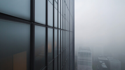 Misty city view featuring the abstract glass facade of a tall building, partially obscured by dense fog, creating a mysterious and atmospheric cityscape.