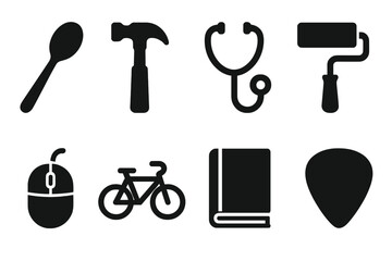Fototapeta premium Community Skills Icons. Solid style icons of community skills: cooking spoon, hammer, stethoscope, paint roller, computer mouse,