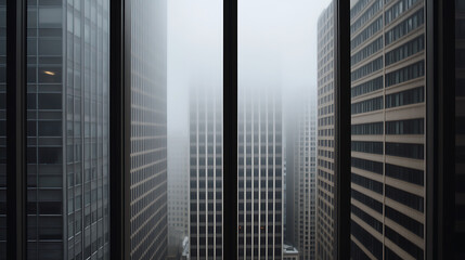 A view from a skyscraper window shows other skyscrapers veiled in dense fog, creating a dramatic and mysterious cityscape. The imposing structures fade into the mist.