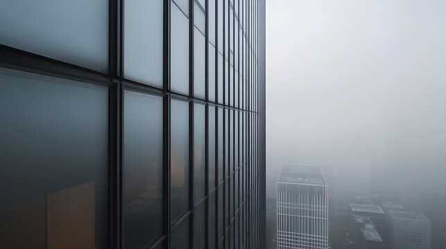 Misty city view featuring the abstract glass facade of a tall building, partially obscured by dense fog, creating a mysterious and atmospheric cityscape.
