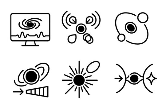 Black Hole Iconography. Line style icons of black holes: black hole detection method, indirect signal, orbit wobble, redshift