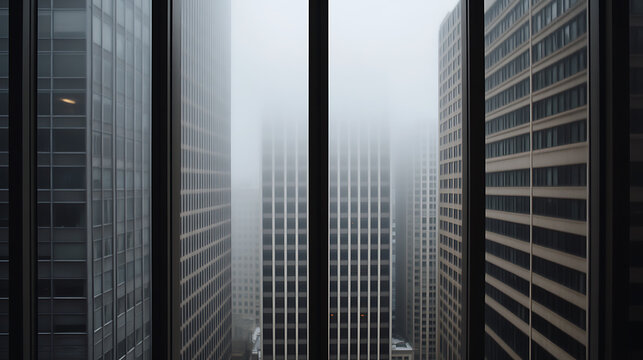A view from a skyscraper window shows other skyscrapers veiled in dense fog, creating a dramatic and mysterious cityscape. The imposing structures fade into the mist.