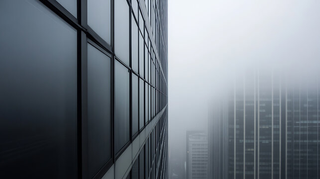 A modern architectural marvel shrouded in an ethereal mist. The sleek lines of the glass-clad building contrast beautifully with the soft, blurred backdrop of the foggy cityscape. - Powered by Adobe