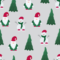 Christmas vector seamless pattern. New Year background with snowman, ribbon,  tree,  Santa. Holliday wallpaper. Template for print, banner, web, gift.