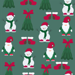 Christmas vector seamless pattern. New Year background with snowman, ribbon,  tree,  Santa. Holliday wallpaper. Template for print, banner, web, gift.