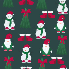 Christmas vector seamless pattern. New Year background with snowman, ribbon,  tree,  Santa. Holliday wallpaper. Template for print, banner, web, gift.