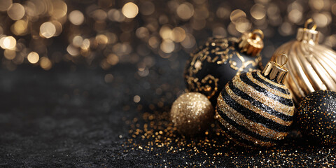 A luxurious New Year's composition with black and gold decorations and a blurred background. Elegant modern holiday background. Glitter particles.