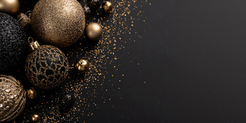 A luxurious New Year's composition with black and gold decorations and a blurred background. Elegant modern holiday background. Glitter particles.