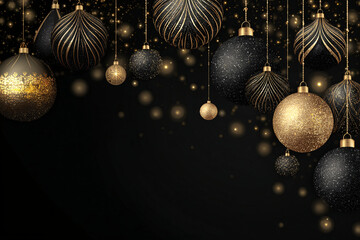 A luxurious New Year's composition with black and gold decorations and a blurred background. Elegant modern holiday background. Glitter particles.