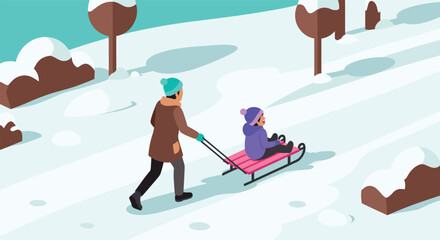 Father and child enjoy sledding in winter wonderland with snowy landscape