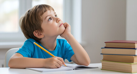 Young boy deep in thought while doing homework, pencil in hand, dreaming of future possibilities, education concept