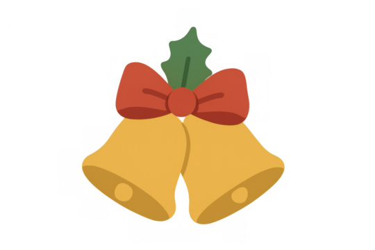 Christmas bells hanging with red ribbon bow and holly leaves, festive holiday celebration decoration