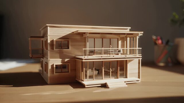 Detailed Wooden Multi-Story Architectural Model of a Modern House on a Desk