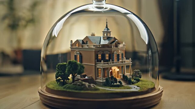 Detailed miniature house under a glass dome with a manicured landscape display
