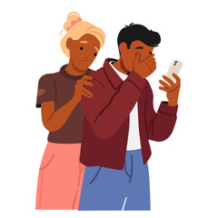 Woman offering heartfelt compassion and support to man who looking at mobile phone screen and crying