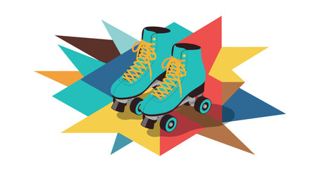 Retro roller skates with colorful geometric background for vintage pop art design