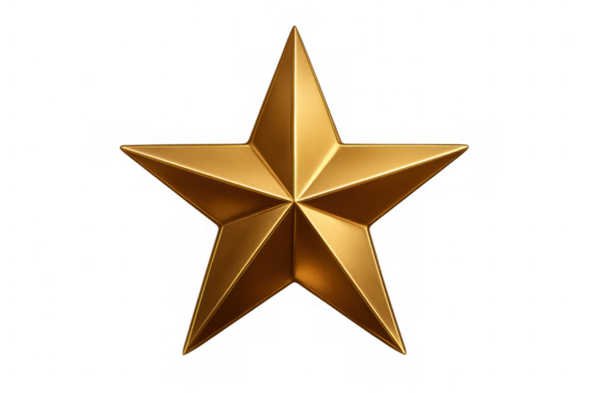 Golden five-pointed star 3d rendering symbolizing quality achievement and premium rating on transparent background